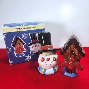 Snowman and Birdhouse Ceramic Salt and Pepper Shakers GKR